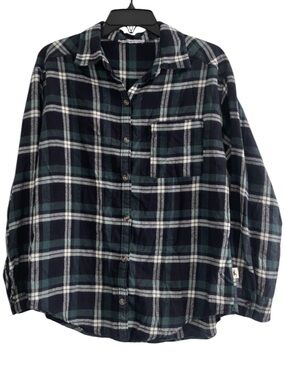 Hollister Women’s Plaid Flannel Button Down Shirt Navy Green Small